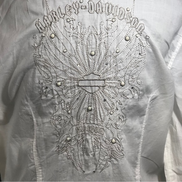 Harley-Davidson Shirt Women Silver White Pearl Snap Closure Embroider Spellout M - Picture 5 of 16